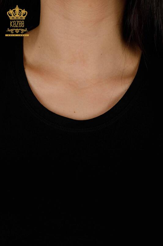 Bluză de damă cu mânecă scurtă cu ridicata Basic Black - 79287 | KAZEE