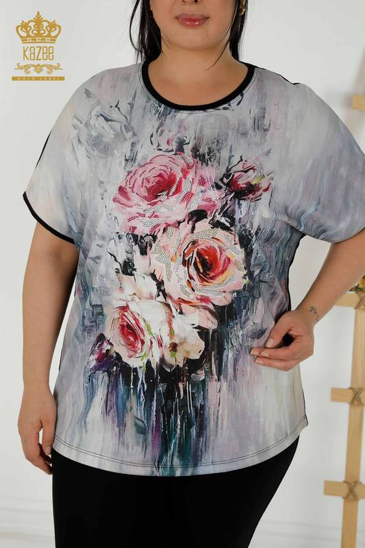 Bluză cu mânecă scurtă pentru femei Digital - 79229 | KAZEE