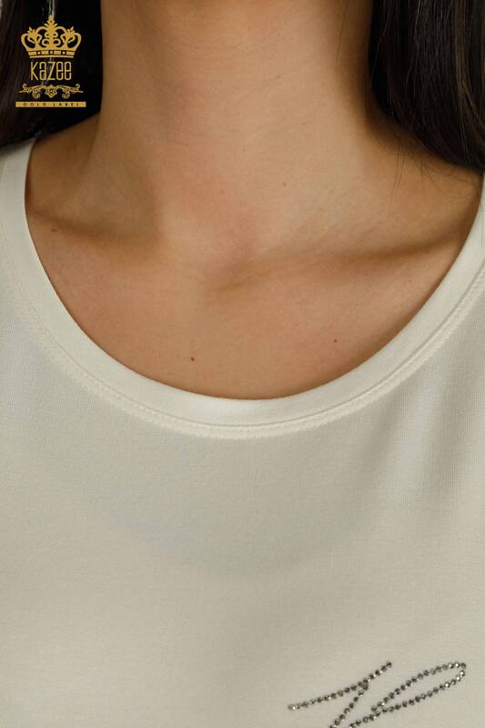 Bluză cu mânecă scurtă pentru femei Ecru - 79317 | KAZEE