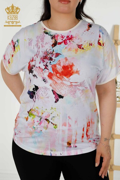 Bluză de damă cu mânecă scurtă cu ridicata Floral Digital - 12091 | KAZEE - Thumbnail