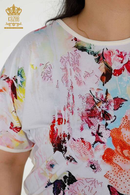 Bluză de damă cu mânecă scurtă cu ridicata Floral Digital - 12091 | KAZEE