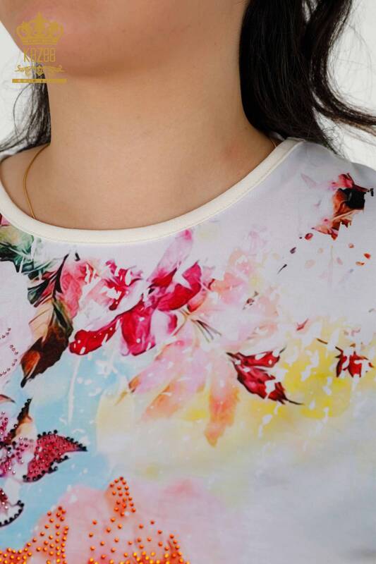 Bluză de damă cu mânecă scurtă cu ridicata Floral Digital - 12091 | KAZEE