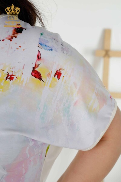 Bluză de damă cu mânecă scurtă cu ridicata Floral Digital - 12091 | KAZEE - Thumbnail