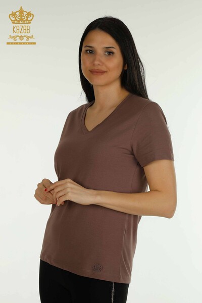 Bluză de damă cu ridicata - Mânecă scurtă - Maro - 79561 | KAZEE - Thumbnail