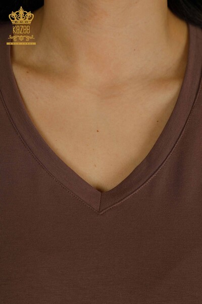 Bluză de damă cu ridicata - Mânecă scurtă - Maro - 79561 | KAZEE - Thumbnail