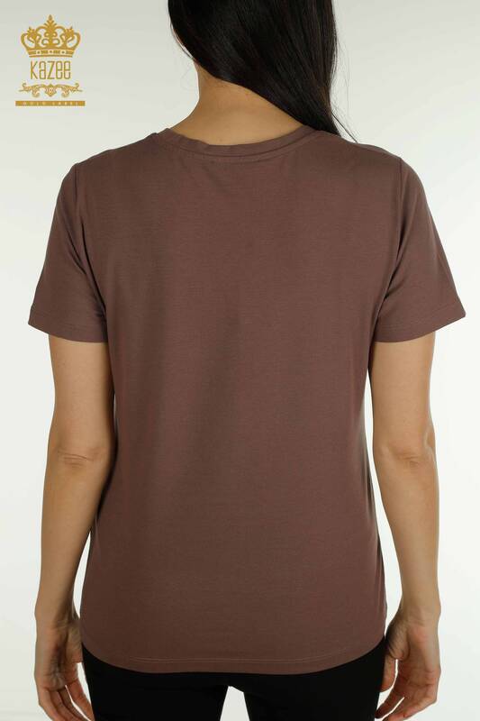 Bluză de damă cu ridicata - Mânecă scurtă - Maro - 79561 | KAZEE