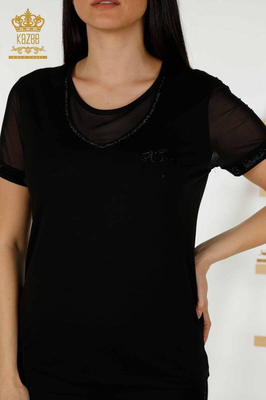 Bluză cu mânecă scurtă pentru femei negru - 79104 | KAZEE