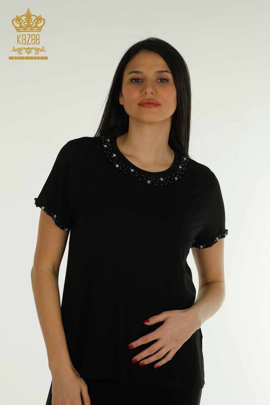 Bluză cu mânecă scurtă pentru femei negru - 79197 | KAZEE