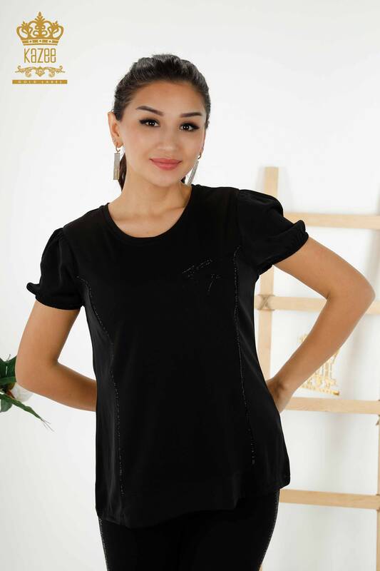 Bluză cu mânecă scurtă pentru femei negru - 79226 | KAZEE