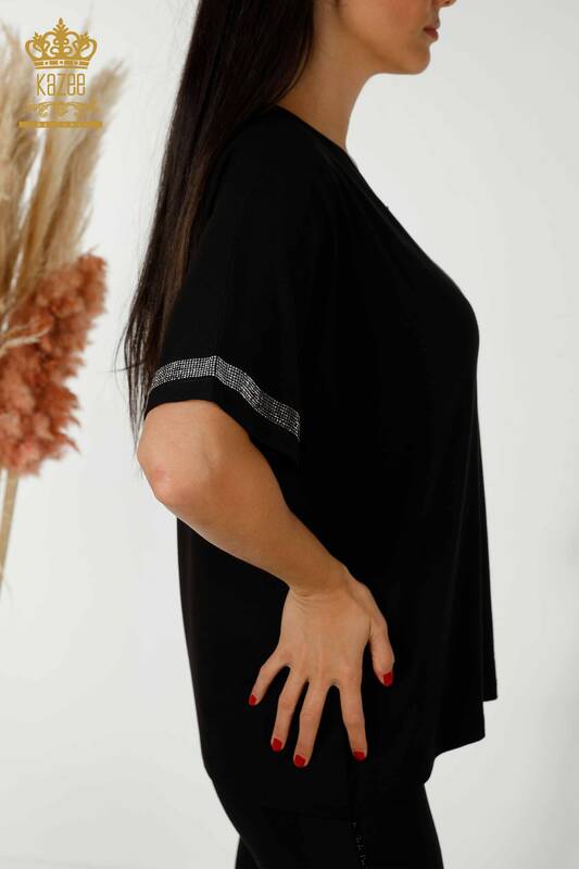 Bluză cu mânecă scurtă pentru femei negru - 79236 | KAZEE