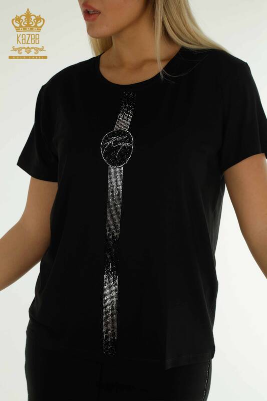Bluză cu mânecă scurtă pentru femei negru - 79239 | KAZEE