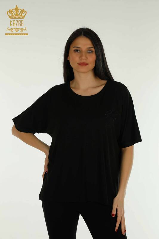 Bluză cu mânecă scurtă pentru femei negru - 79302 | KAZEE