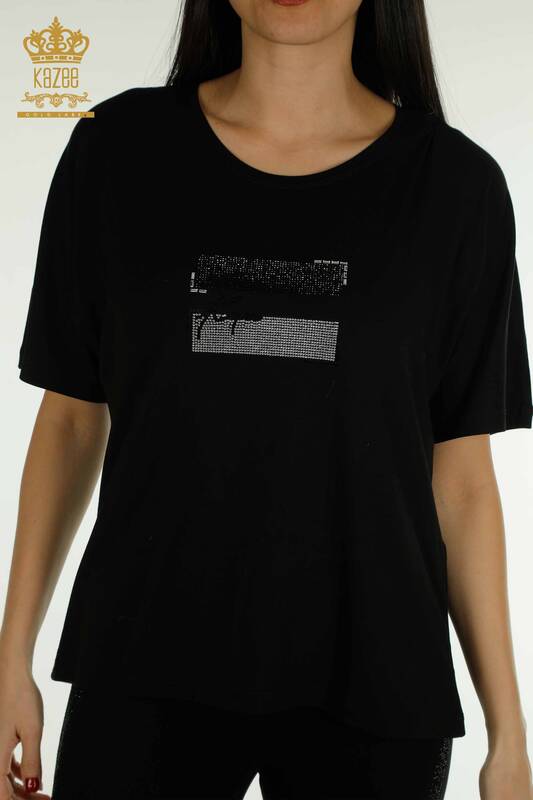 Bluză cu mânecă scurtă pentru femei negru - 79349 | KAZEE