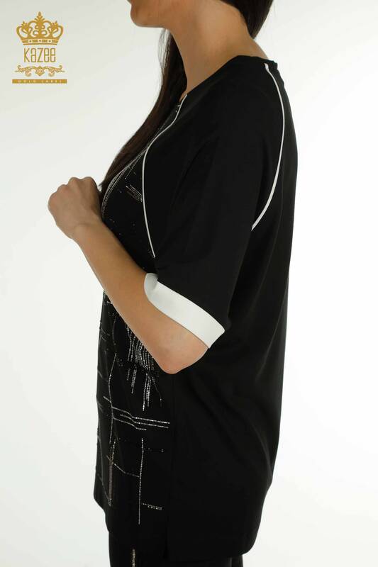 Bluză cu mânecă scurtă pentru femei negru - 79512 | KAZEE