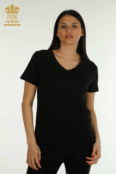 Bluză de damă cu ridicata - Mânecă scurtă - neagră - 79561 | KAZEE - Thumbnail