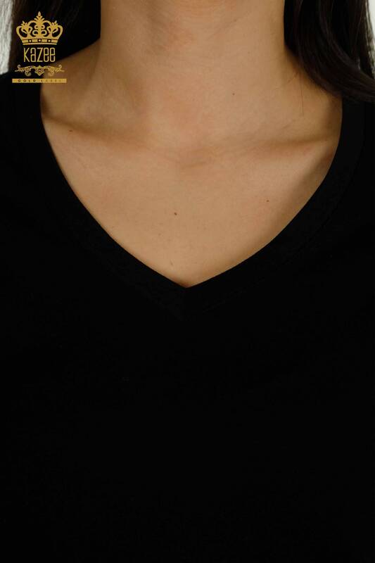 Bluză de damă cu ridicata - Mânecă scurtă - neagră - 79561 | KAZEE