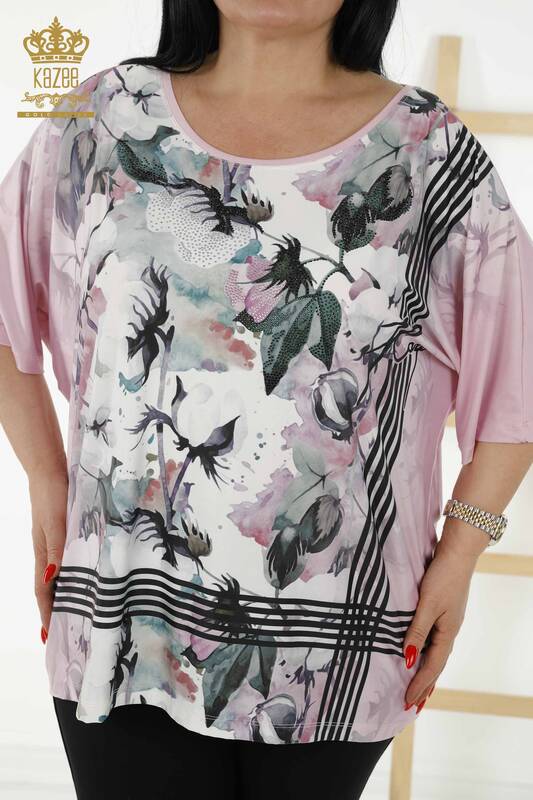 Bluză de damă cu mânecă scurtă roz - 12058 | KAZEE