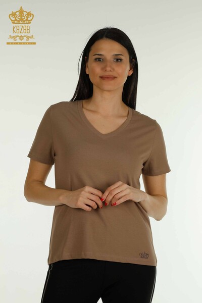 Bluză de damă cu ridicata - Mânecă scurtă - Maro deschis - 79561 | KAZEE - Thumbnail