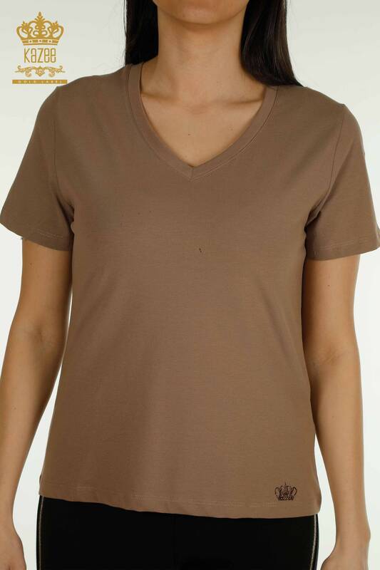 Bluză de damă cu ridicata - Mânecă scurtă - Maro deschis - 79561 | KAZEE