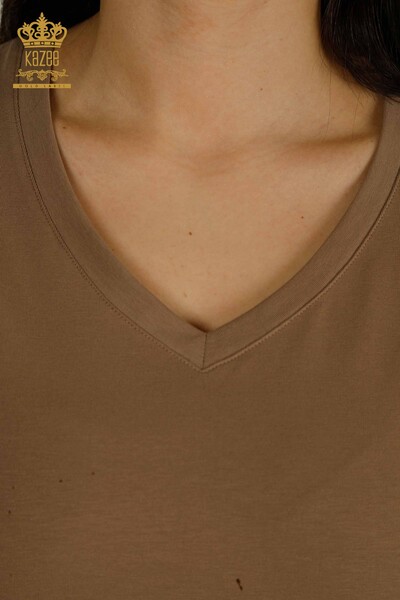 Bluză de damă cu ridicata - Mânecă scurtă - Maro deschis - 79561 | KAZEE - Thumbnail