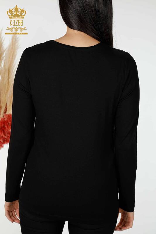 Bluză de damă cu ridicata cu modele florale neagră - 79014 | KAZEE