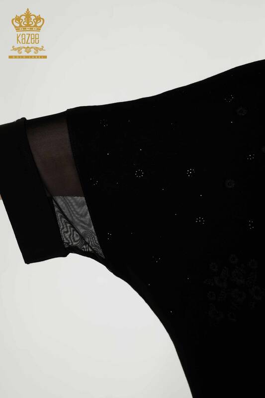 Bluză de damă cu ridicata cu model floral negru - 79087 | KAZEE