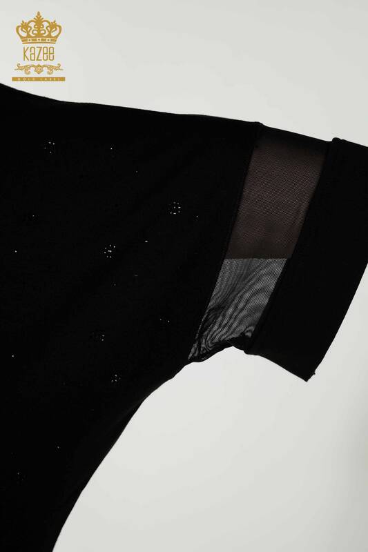 Bluză de damă cu ridicata cu model floral negru - 79087 | KAZEE
