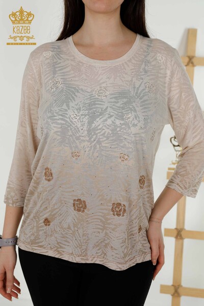 Bluză de damă cu ridicata din nurcă cu model trandafir - 79131 | KAZEE - Thumbnail