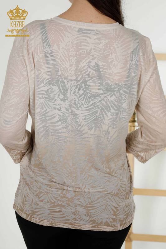 Bluză de damă cu ridicata din nurcă cu model trandafir - 79131 | KAZEE
