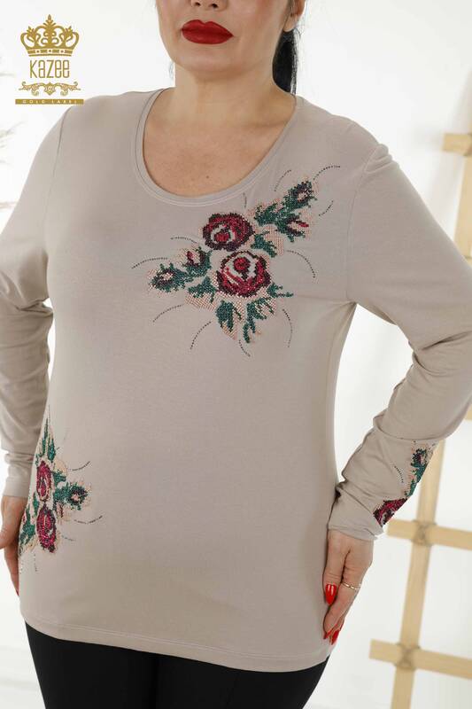 Bluză de damă cu ridicata din nurcă cu model trandafir - 79046 | KAZEE