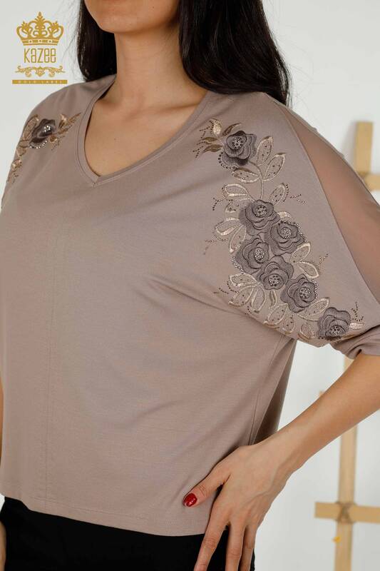 Bluză de damă cu ridicata din nurcă cu model trandafir - 79095 | KAZEE