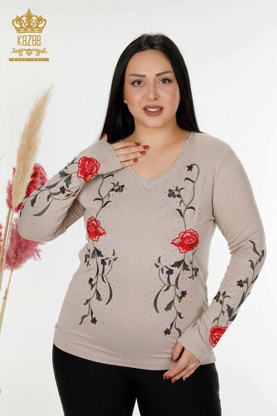 Bluză de damă cu ridicata din nurcă cu model trandafir - 79044 | KAZEE - Thumbnail