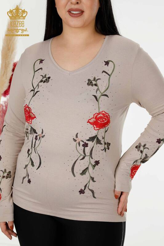 Bluză de damă cu ridicata din nurcă cu model trandafir - 79044 | KAZEE
