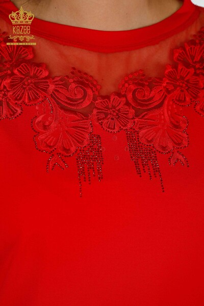 Bluză de damă cu ridicata roșu cu modele florale - 79081 | KAZEE - Thumbnail