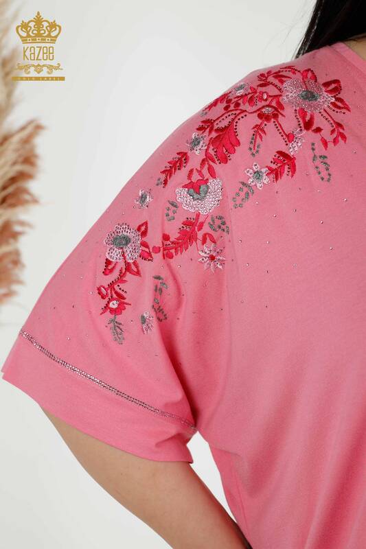 Bluză de damă cu ridicata cu modele florale roz - 79068 | KAZEE