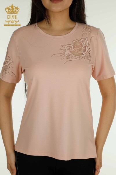 Bluză de damă cu ridicata - Trandafir brodat - pudra - 79541 | KAZEE - Thumbnail