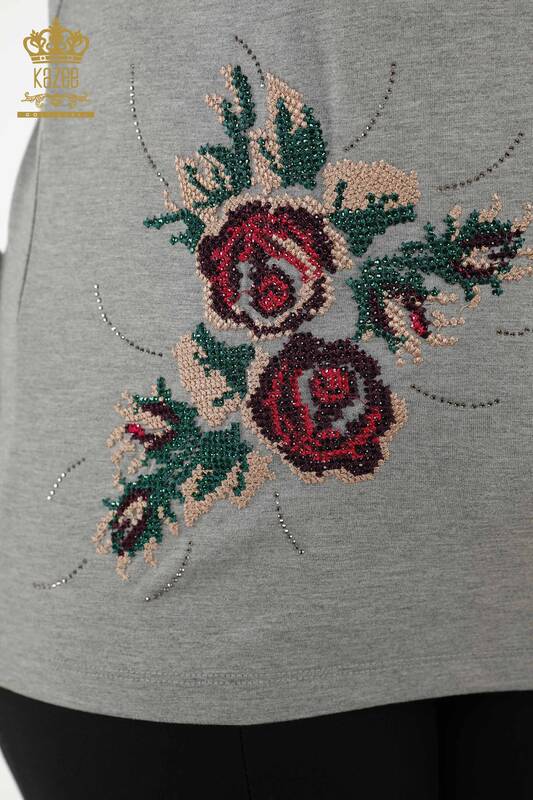 Bluză de damă cu ridicata cu model trandafir gri - 79046 | KAZEE