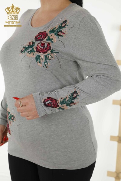 Bluză de damă cu ridicata cu model trandafir gri - 79046 | KAZEE - Thumbnail