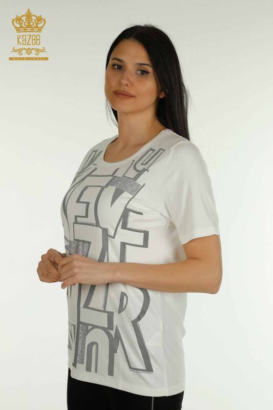 Bluză de damă cu ridicata cu detaliu litere Ecru - 79548 | KAZEE