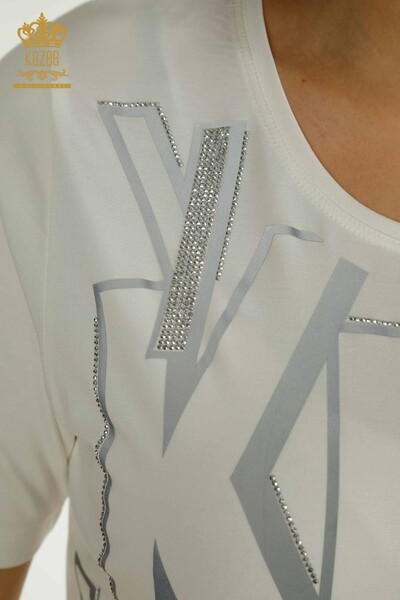 Bluză de damă cu ridicata cu detaliu litere Ecru - 79548 | KAZEE - Thumbnail