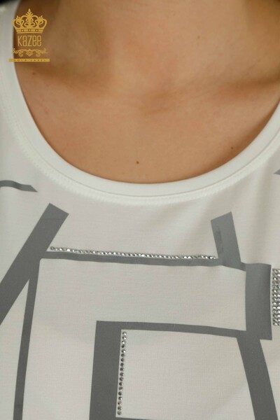 Bluză de damă cu ridicata cu detaliu litere Ecru - 79548 | KAZEE - Thumbnail