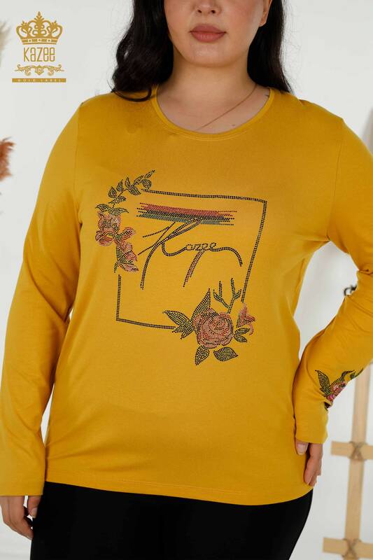 Bluză de damă cu ridicata cu modele florale șofran - 79042 | KAZEE