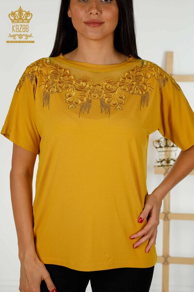 Bluză de damă cu ridicata cu modele florale șofran - 79081 | KAZEE - Thumbnail