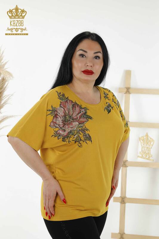Bluză de damă cu ridicata cu modele florale șofran - 79089 | KAZEE