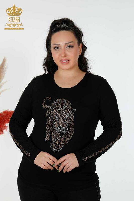 Bluză de damă cu ridicata cu model tigru negru - 79050 | KAZEE