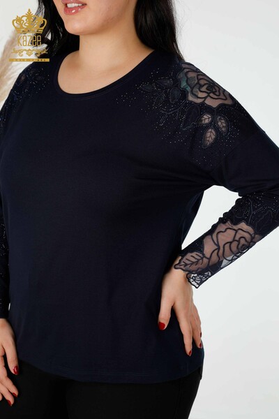 Bluză de damă cu ridicata cu detaliu din tul bleumarin - 77973 | KAZEE - Thumbnail