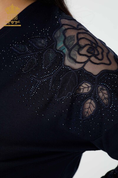 Bluză de damă cu ridicata cu detaliu din tul bleumarin - 77973 | KAZEE - Thumbnail