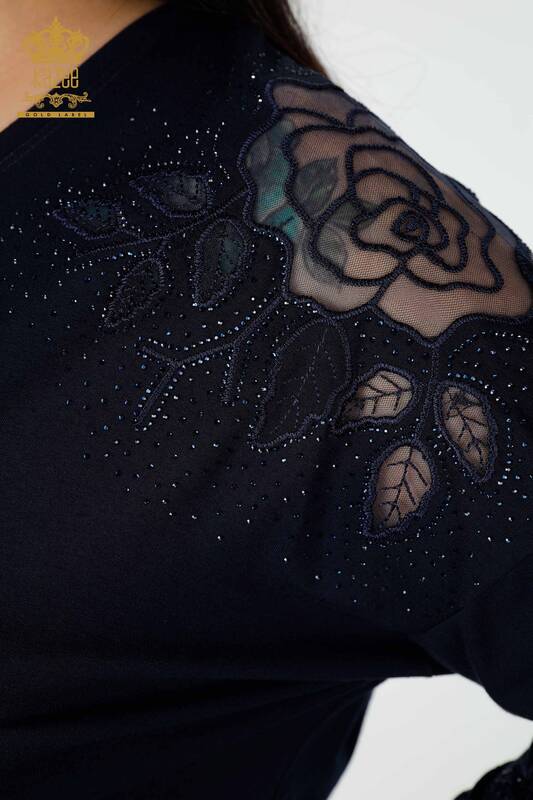 Bluză de damă cu ridicata cu detaliu din tul bleumarin - 77973 | KAZEE