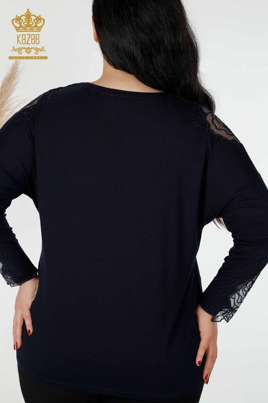 Bluză de damă cu ridicata cu detaliu din tul bleumarin - 77973 | KAZEE