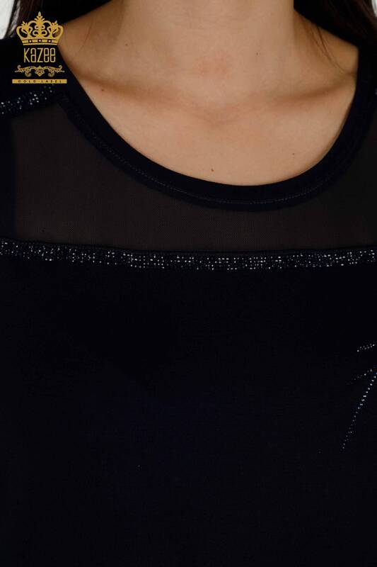 Bluză de damă cu ridicata cu detaliu din tul bleumarin - 78996 | KAZEE
